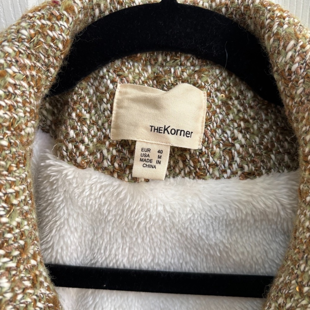 Anthropologie The Korner Womens Bomber Tweed Brown/Gold Sherpa Lined Button SZ M